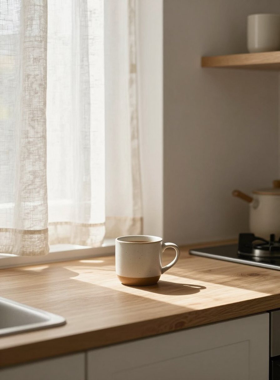 Sunlit morning kitchen with a ceramic mug