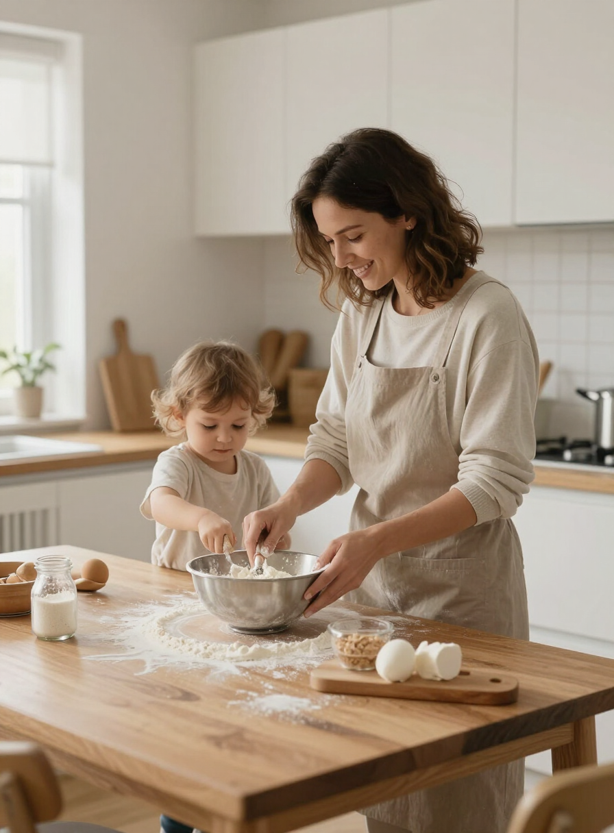 A woman and toddler baking together